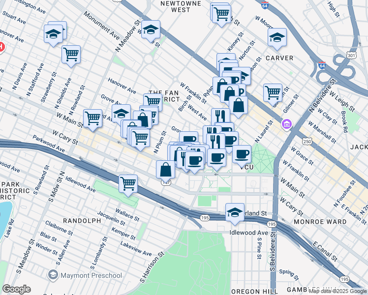 map of restaurants, bars, coffee shops, grocery stores, and more near 108 North Morris Street in Richmond
