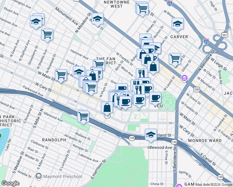map of restaurants, bars, coffee shops, grocery stores, and more near 108 North Morris Street in Richmond