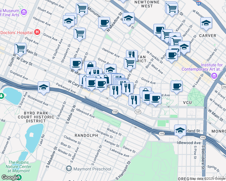 map of restaurants, bars, coffee shops, grocery stores, and more near 1618 West Main Street in Richmond