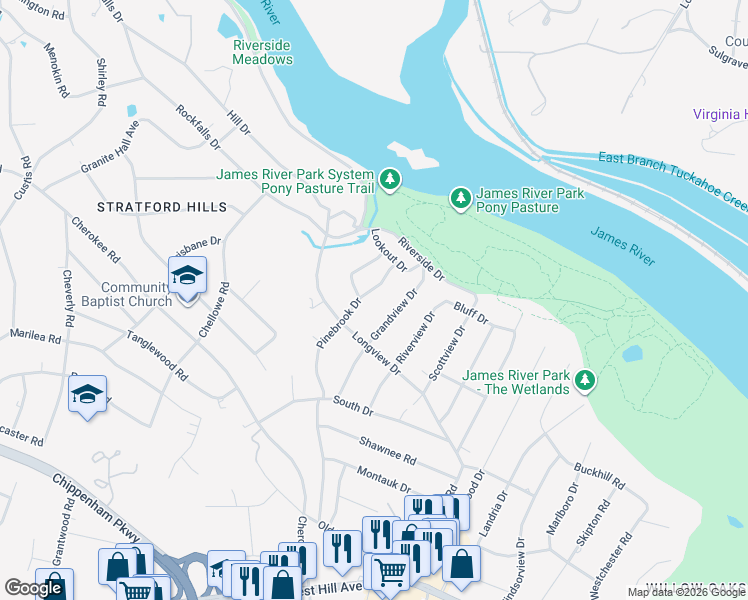 map of restaurants, bars, coffee shops, grocery stores, and more near 3607 Pinebrook Drive in Richmond