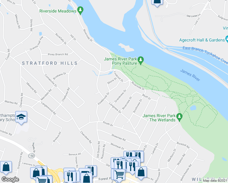 map of restaurants, bars, coffee shops, grocery stores, and more near 3607 Pinebrook Drive in Richmond