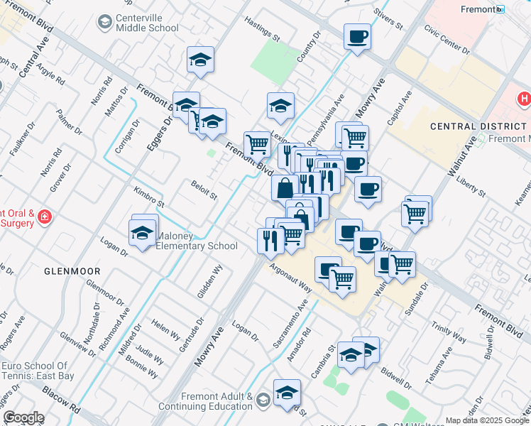map of restaurants, bars, coffee shops, grocery stores, and more near 38845 Bell Street in Fremont