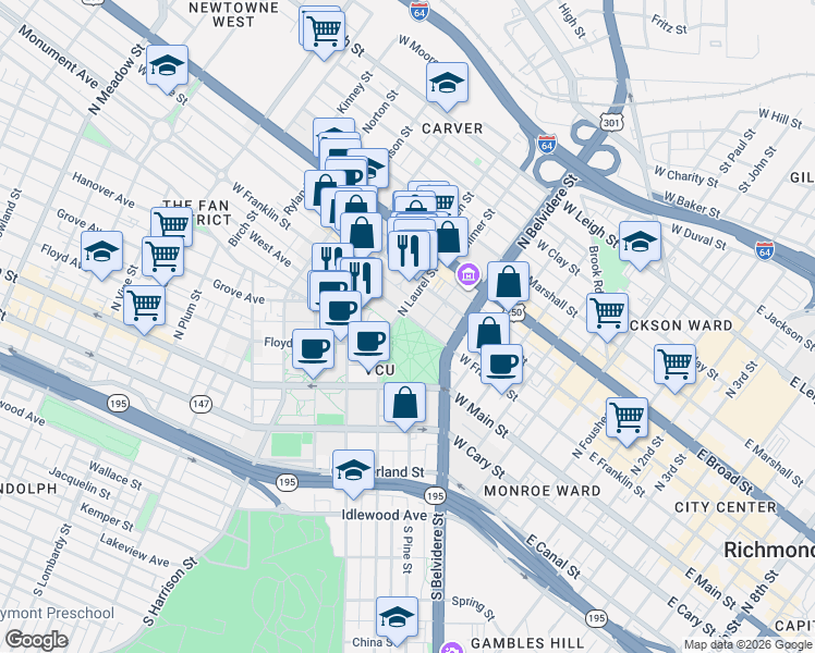 map of restaurants, bars, coffee shops, grocery stores, and more near 520 West Franklin Street in Richmond