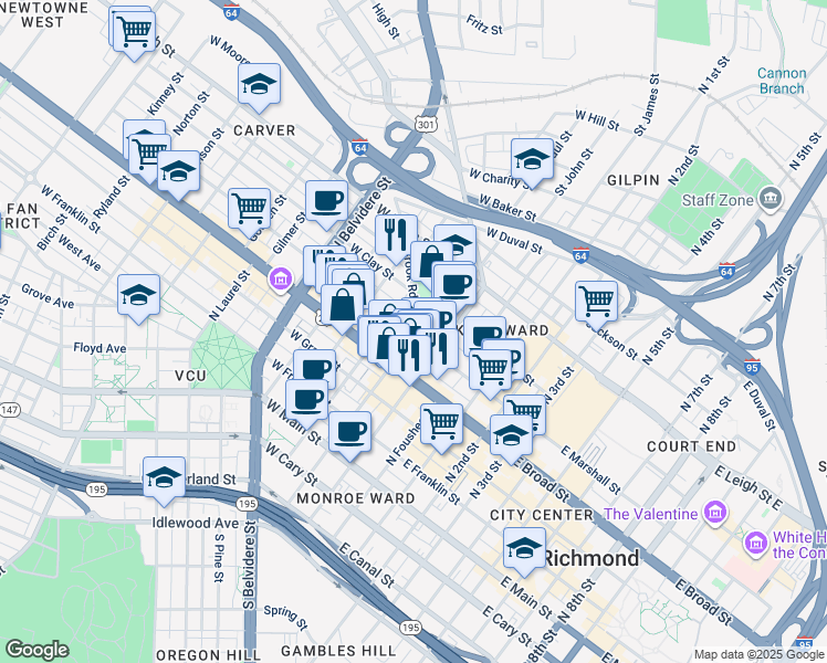 map of restaurants, bars, coffee shops, grocery stores, and more near 218 West Marshall Street in Richmond