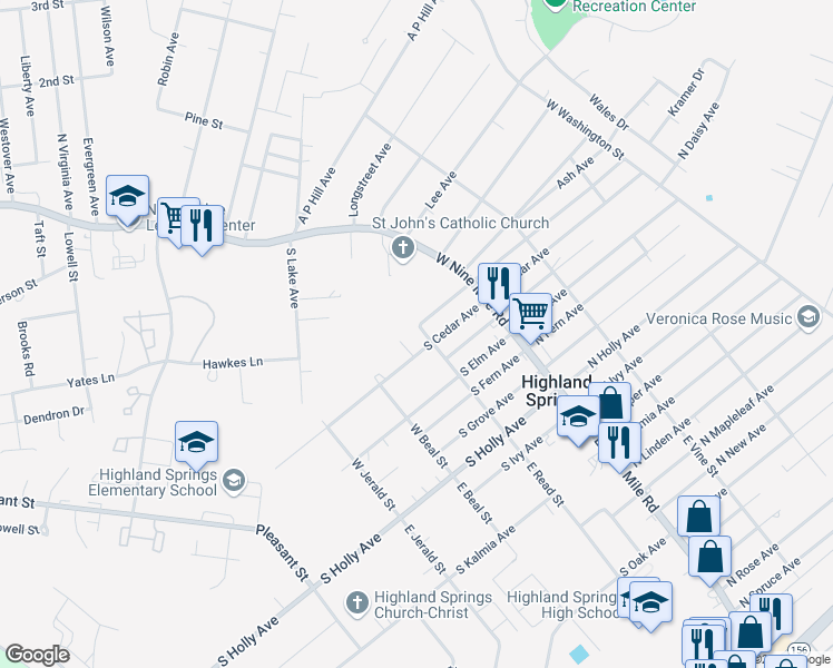 map of restaurants, bars, coffee shops, grocery stores, and more near 507 West Read Street in Henrico