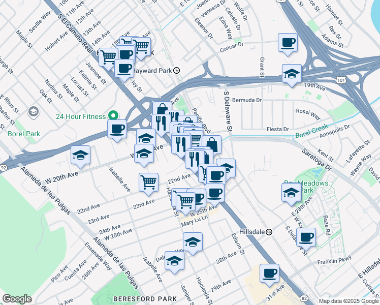 map of restaurants, bars, coffee shops, grocery stores, and more near 71 21st Avenue in San Mateo