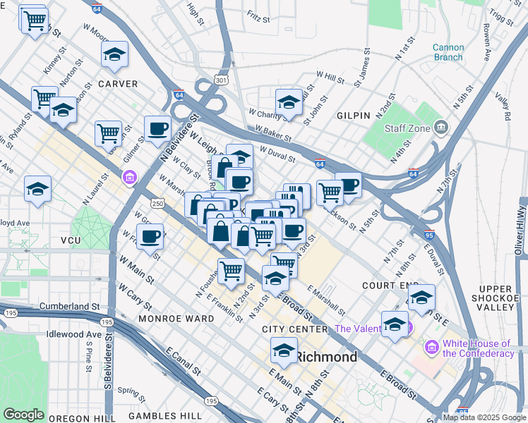 map of restaurants, bars, coffee shops, grocery stores, and more near 14 West Clay Street in Richmond