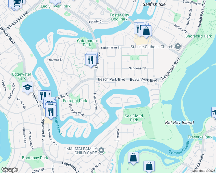 map of restaurants, bars, coffee shops, grocery stores, and more near 1102 Lord Ivelson Lane in Foster City