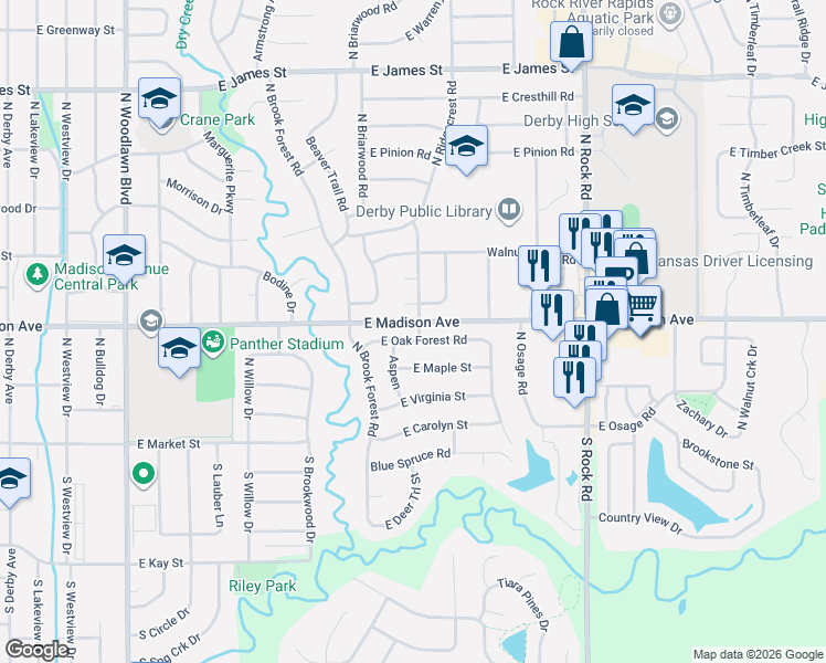map of restaurants, bars, coffee shops, grocery stores, and more near 7201-7999 East Madison Avenue in Derby