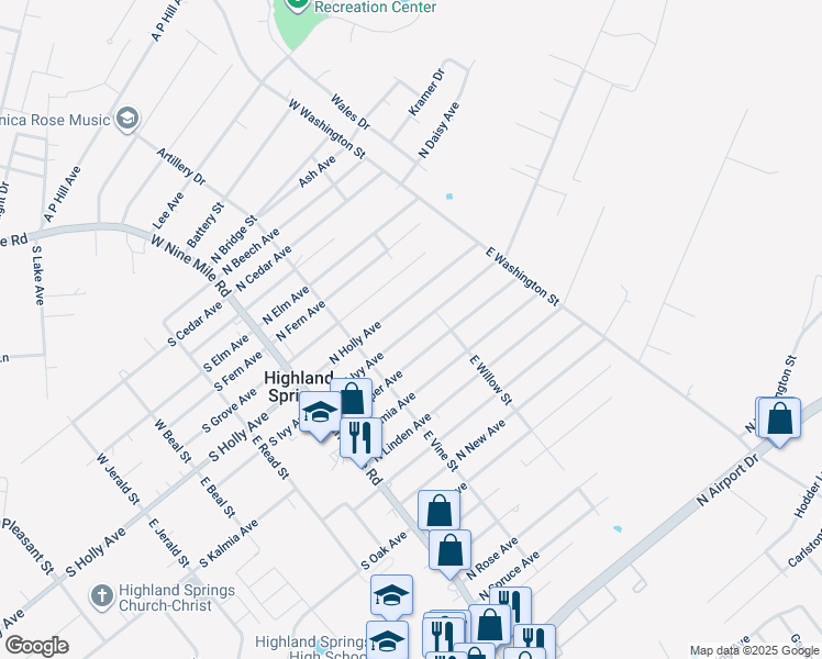 map of restaurants, bars, coffee shops, grocery stores, and more near 122 North Ivy Avenue in Highland Springs