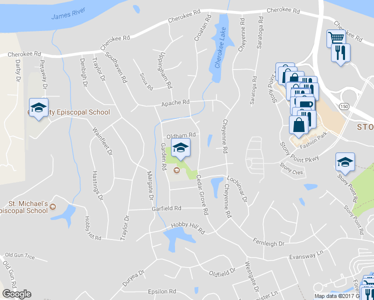 map of restaurants, bars, coffee shops, grocery stores, and more near 3801 Oldham Court in Richmond