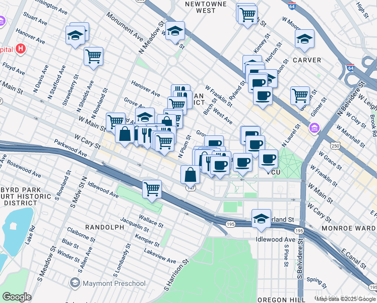 map of restaurants, bars, coffee shops, grocery stores, and more near 1409 Floyd Avenue in Richmond