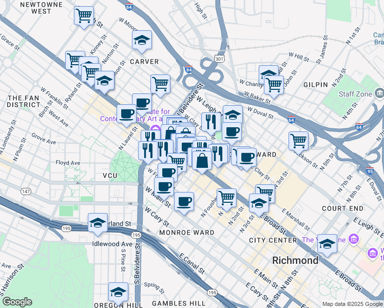 map of restaurants, bars, coffee shops, grocery stores, and more near 309 North Monroe Street in Richmond