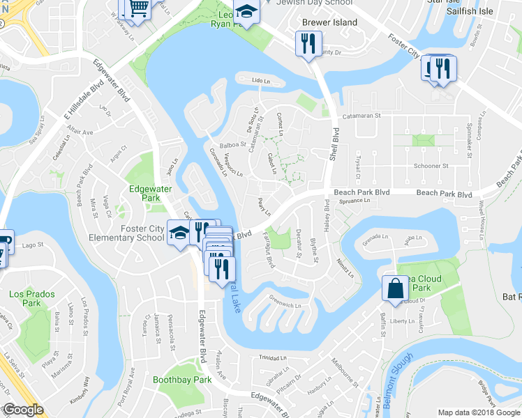 map of restaurants, bars, coffee shops, grocery stores, and more near 836 Peary Lane in Foster City