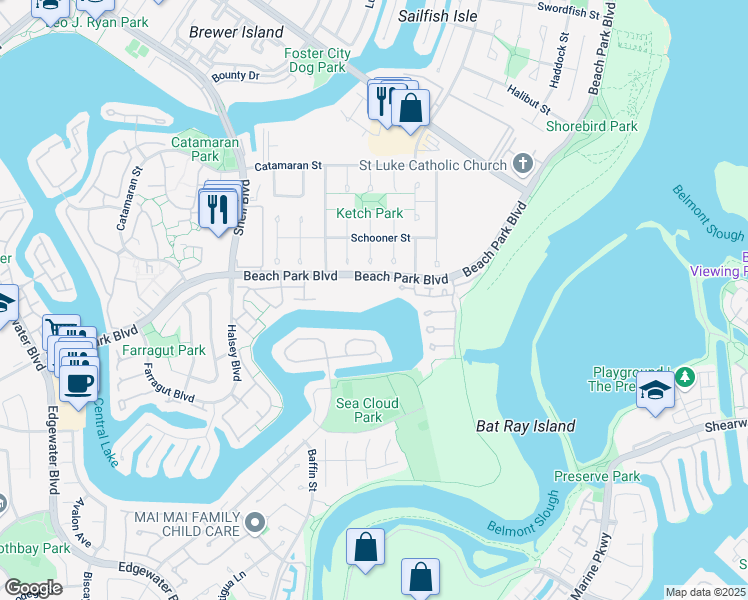 map of restaurants, bars, coffee shops, grocery stores, and more near 922 Beach Park Boulevard in Foster City