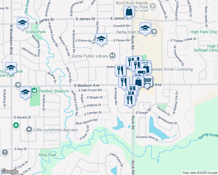 map of restaurants, bars, coffee shops, grocery stores, and more near 1622 East Oak Forest Road in Derby