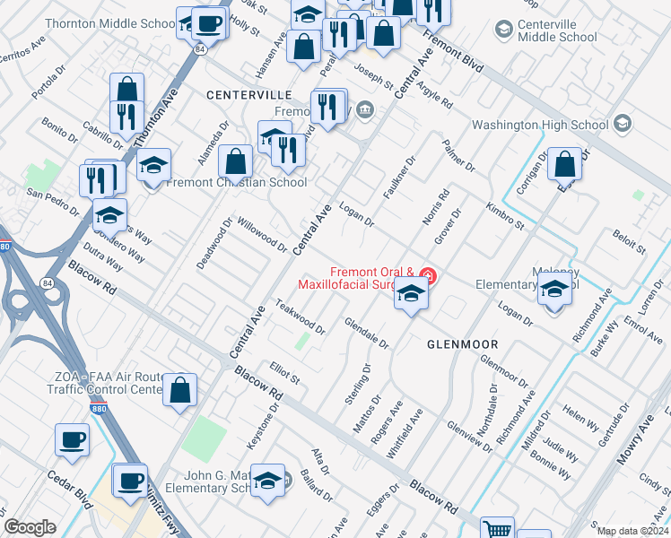 map of restaurants, bars, coffee shops, grocery stores, and more near 37735 Glenmoor Drive in Fremont