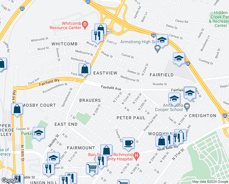 map of restaurants, bars, coffee shops, grocery stores, and more near 1828 North 21st Street in Richmond