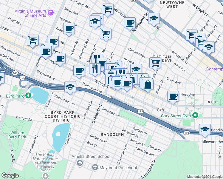 map of restaurants, bars, coffee shops, grocery stores, and more near 1919 West Cary Street in Richmond