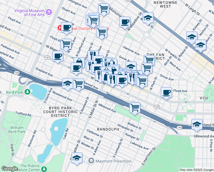 map of restaurants, bars, coffee shops, grocery stores, and more near in Richmond