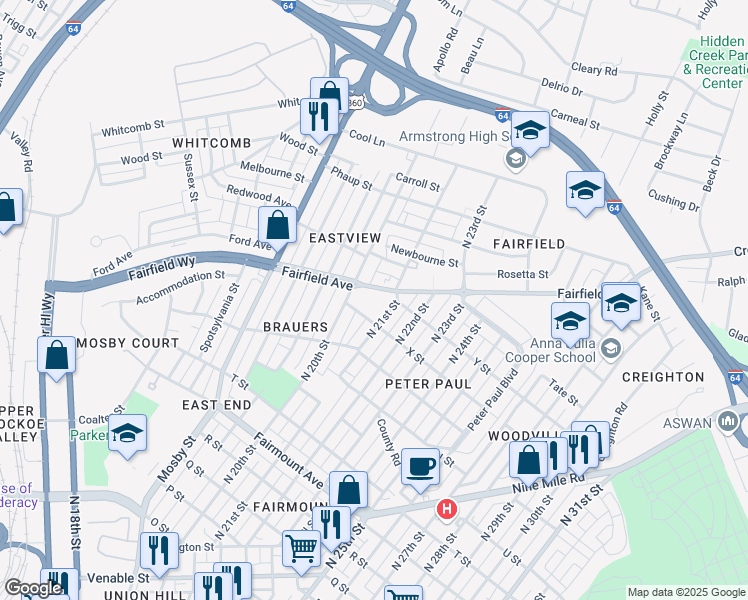 map of restaurants, bars, coffee shops, grocery stores, and more near 2013 Fairfield Avenue in Richmond