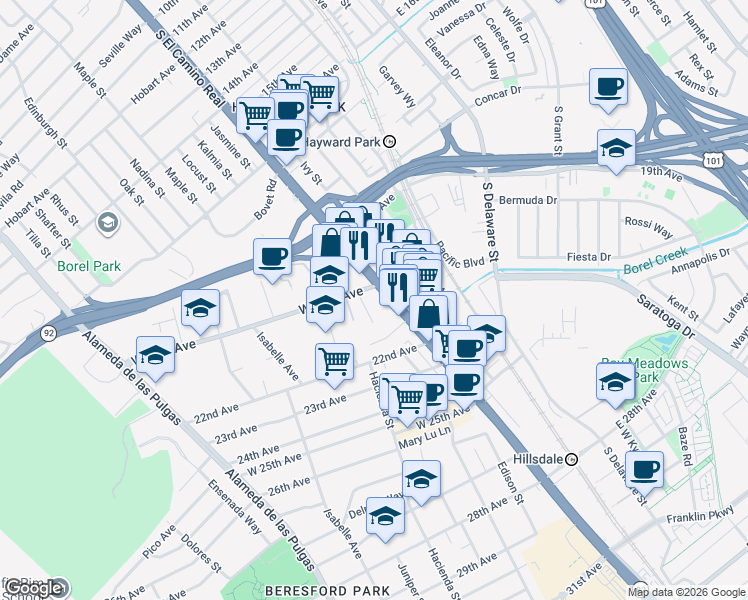 map of restaurants, bars, coffee shops, grocery stores, and more near 2000 South El Camino Real in San Mateo