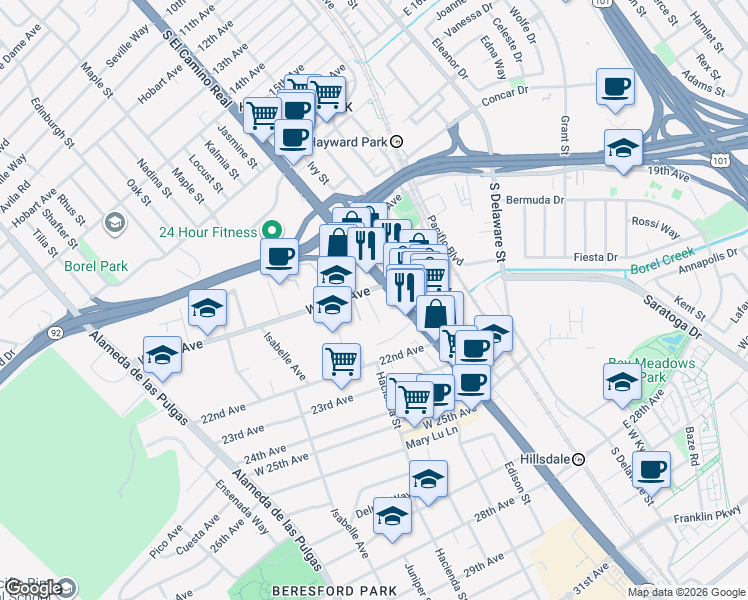 map of restaurants, bars, coffee shops, grocery stores, and more near 2000 South El Camino Real in San Mateo