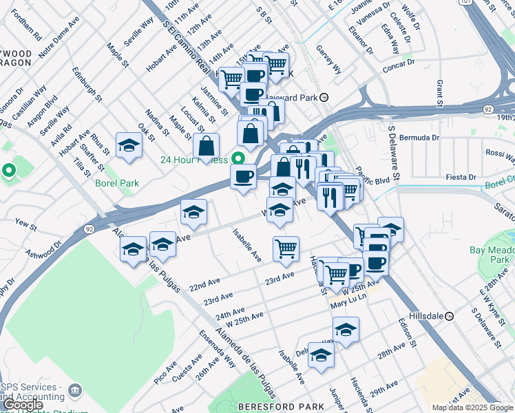 map of restaurants, bars, coffee shops, grocery stores, and more near 220 West 20th Avenue in San Mateo