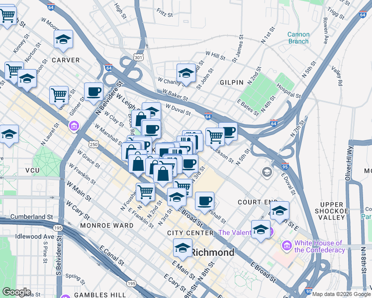 map of restaurants, bars, coffee shops, grocery stores, and more near in Richmond