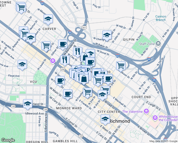 map of restaurants, bars, coffee shops, grocery stores, and more near 115 West Clay Street in Richmond