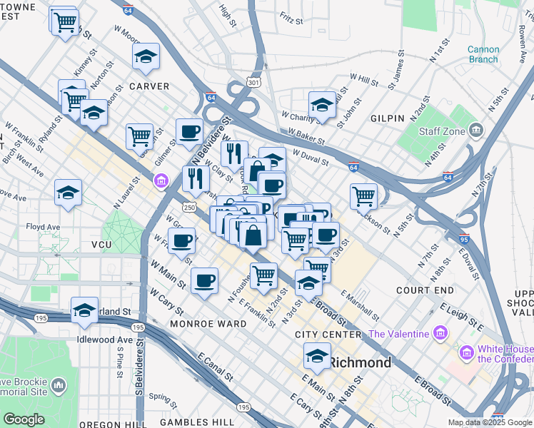 map of restaurants, bars, coffee shops, grocery stores, and more near 115 West Clay Street in Richmond