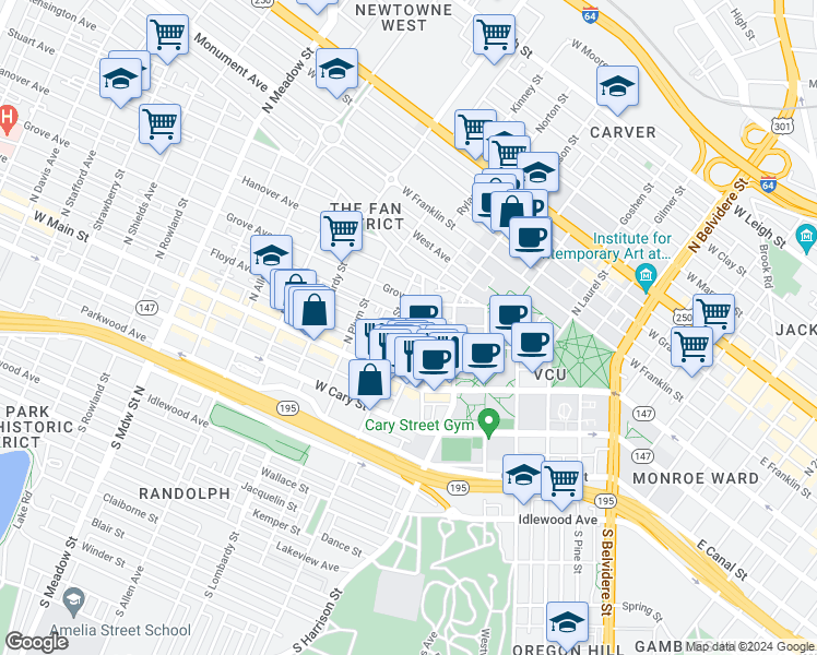 map of restaurants, bars, coffee shops, grocery stores, and more near 108 North Morris Street in Richmond