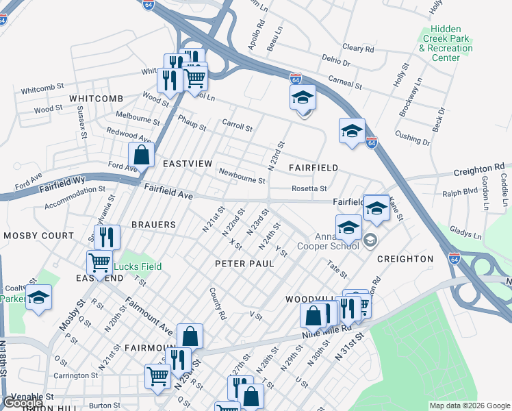 map of restaurants, bars, coffee shops, grocery stores, and more near 1917 North 22nd Street in Richmond