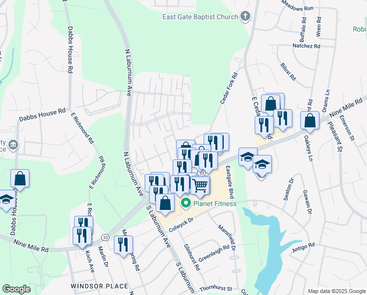 map of restaurants, bars, coffee shops, grocery stores, and more near 17 Kenway Avenue in Richmond