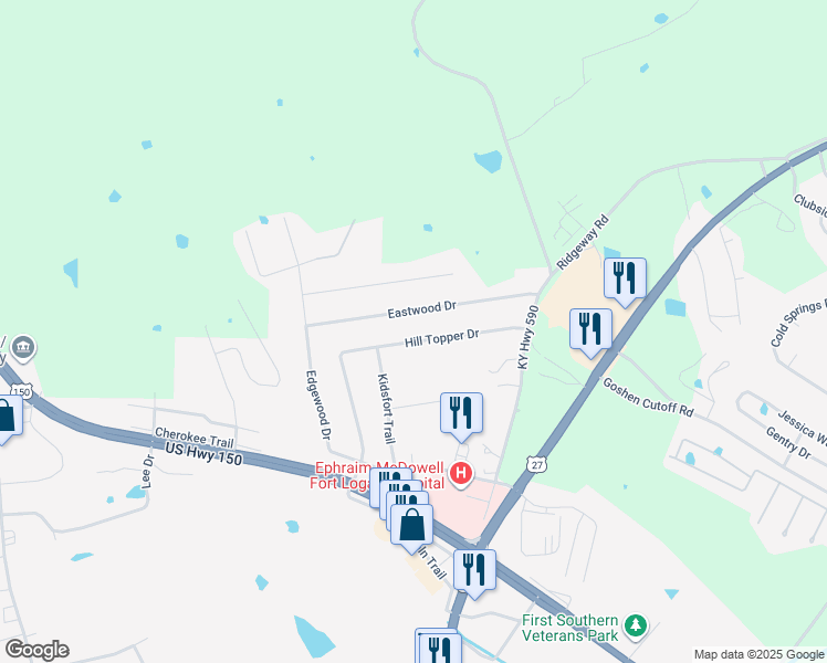 map of restaurants, bars, coffee shops, grocery stores, and more near 115 Hill Topper Drive in Stanford