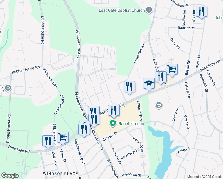 map of restaurants, bars, coffee shops, grocery stores, and more near 17 Kenway Avenue in Richmond