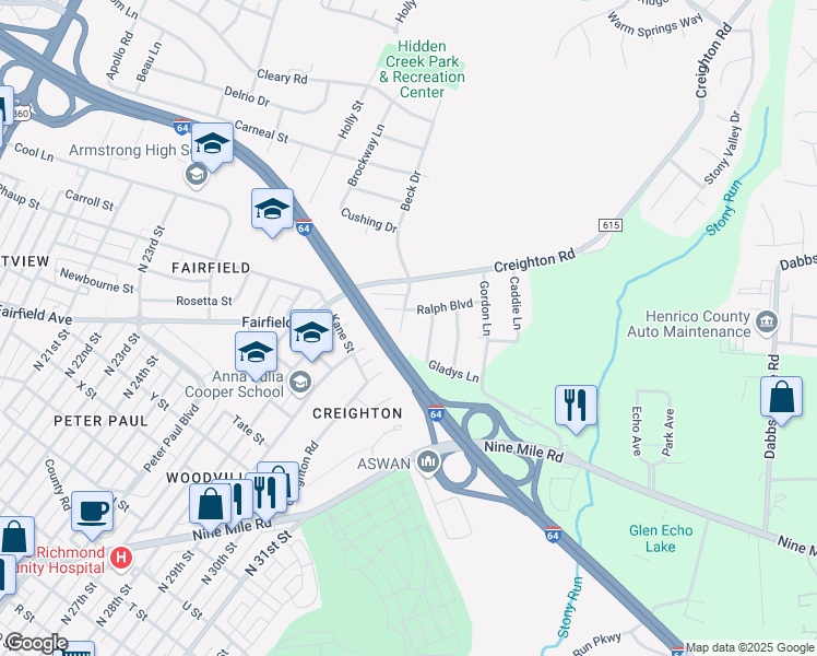 map of restaurants, bars, coffee shops, grocery stores, and more near 2407 Creighton Road in Richmond