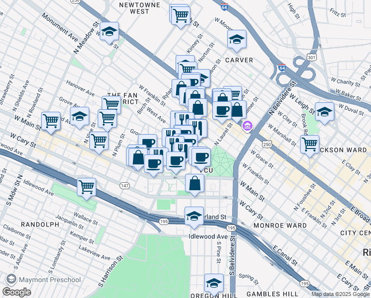 map of restaurants, bars, coffee shops, grocery stores, and more near 711 West Main Street in Richmond