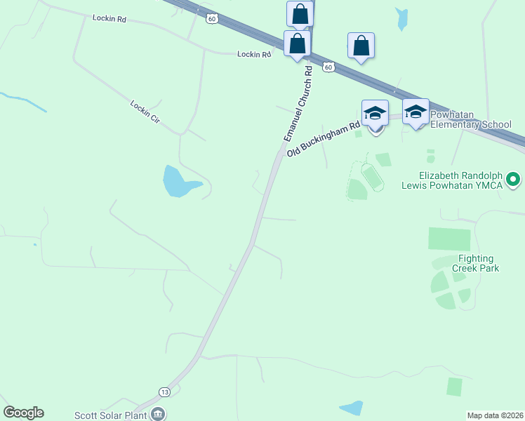map of restaurants, bars, coffee shops, grocery stores, and more near 4209 Old Buckingham Road in Powhatan