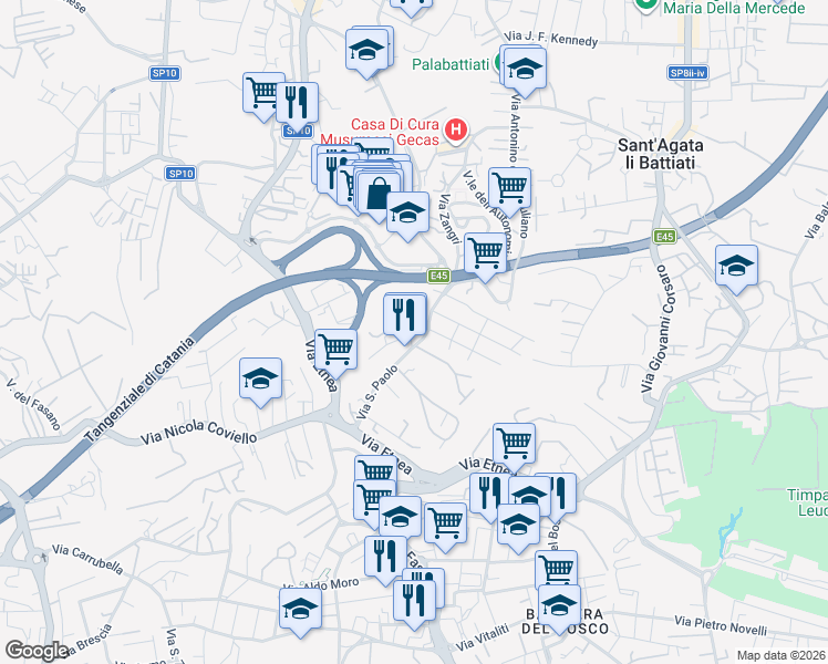 map of restaurants, bars, coffee shops, grocery stores, and more near Via San Domenico Salvo in Gravina di Catania