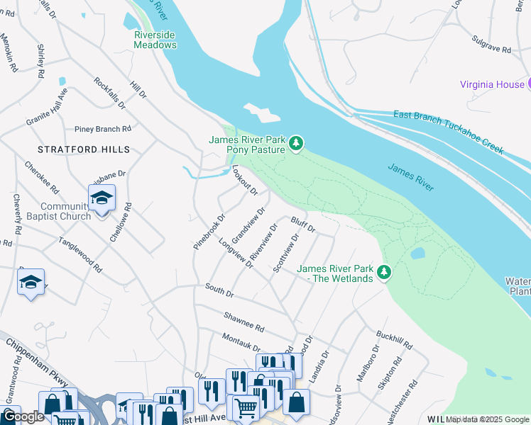 map of restaurants, bars, coffee shops, grocery stores, and more near 3529 Grandview Drive in Richmond