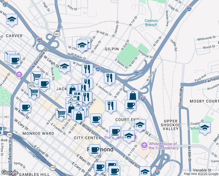 map of restaurants, bars, coffee shops, grocery stores, and more near 700 North 4th Street in Richmond
