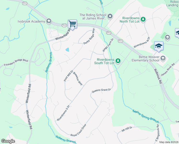 map of restaurants, bars, coffee shops, grocery stores, and more near 3307 Pond Chase Court in Midlothian