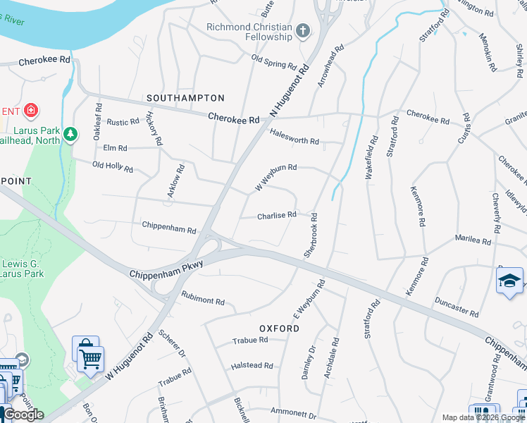 map of restaurants, bars, coffee shops, grocery stores, and more near 8342 Charlise Road in Richmond