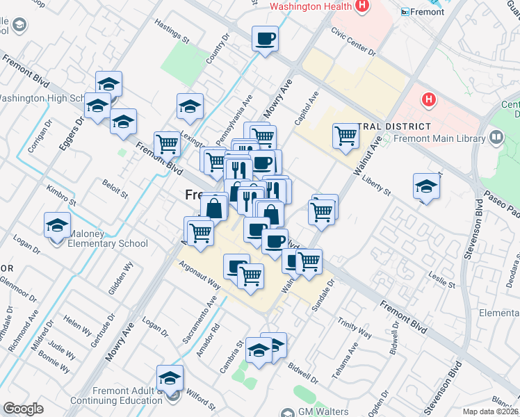 map of restaurants, bars, coffee shops, grocery stores, and more near 39138 Capitol Avenue in Fremont