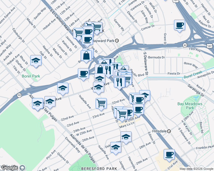 map of restaurants, bars, coffee shops, grocery stores, and more near 25 McAker Court in San Mateo
