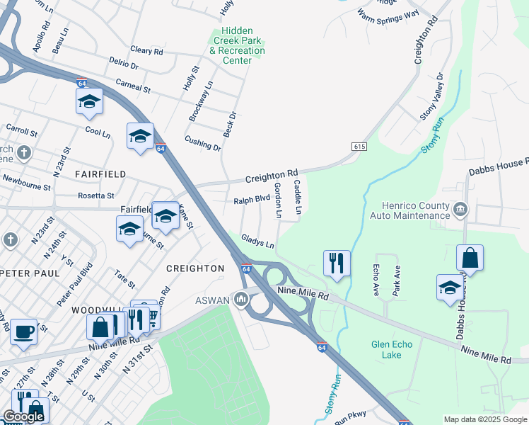 map of restaurants, bars, coffee shops, grocery stores, and more near 2415 Allence Boulevard in Richmond