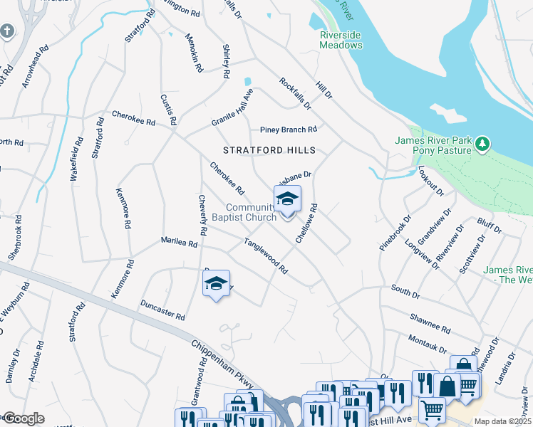 map of restaurants, bars, coffee shops, grocery stores, and more near 7608 Cherokee Road in Richmond