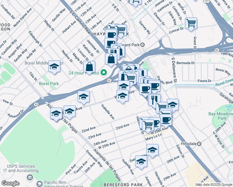 map of restaurants, bars, coffee shops, grocery stores, and more near 220 West 20th Avenue in San Mateo