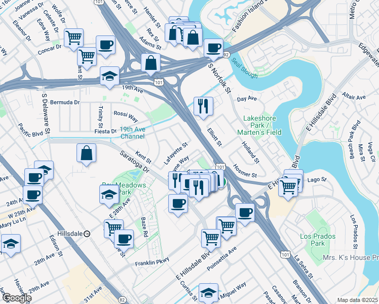 map of restaurants, bars, coffee shops, grocery stores, and more near 1133 Wayne Way in San Mateo